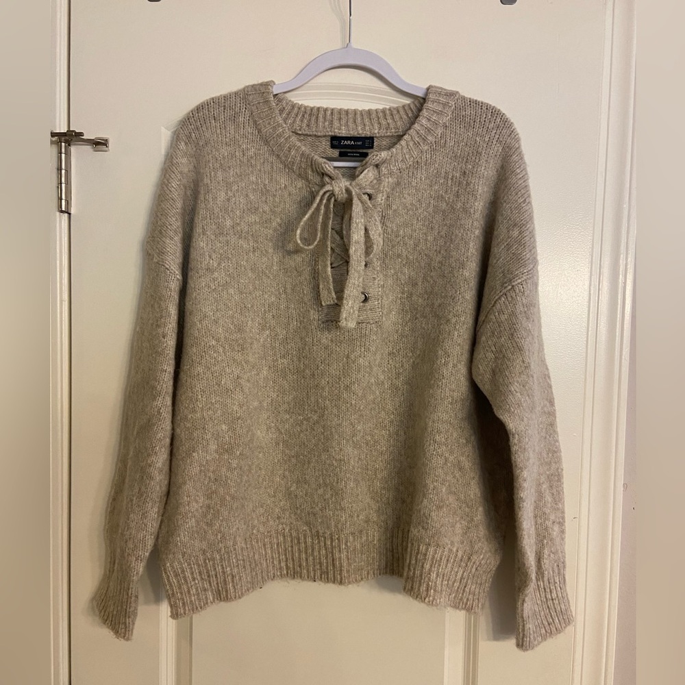 ZARA women’s Knit Wool/Acrylic Boxy Tie Front Pullover Sweater Size L Cream